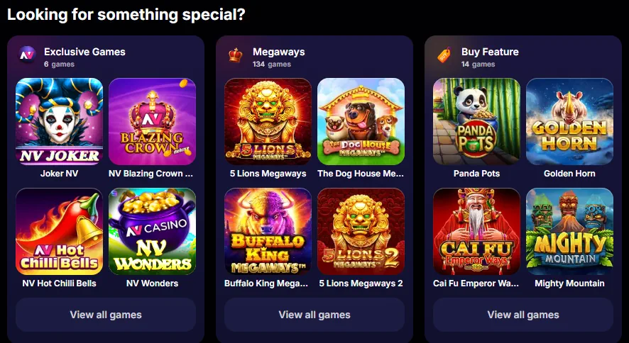 NV Casinospelbibliotekets kategorier och utvalda spelautomater miniatyrer